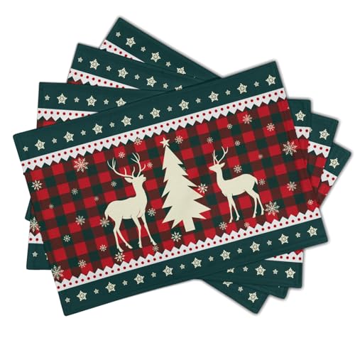 Christmas Elk Snowflakes Placemats Set of 4 for Dining Table,Xmas Reindeer Red Green Buffalo Plaid Washable Table Mats Placemats for Winter Kitchen Holiday Coffee Place Mat 18 x12 Inch - color: Christmas Reindeer