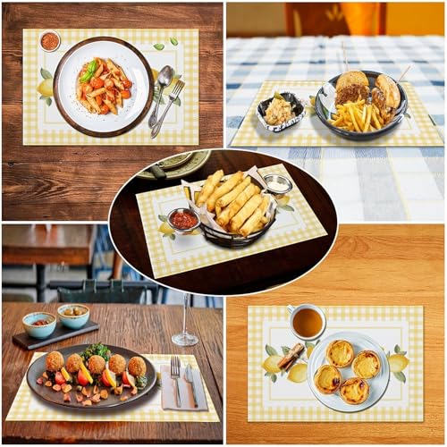 Yellow Lemon Buffalo Plaid Floral Placemats Set of 4, 12x18 Inch - color: Lemon05, size: 4pcs