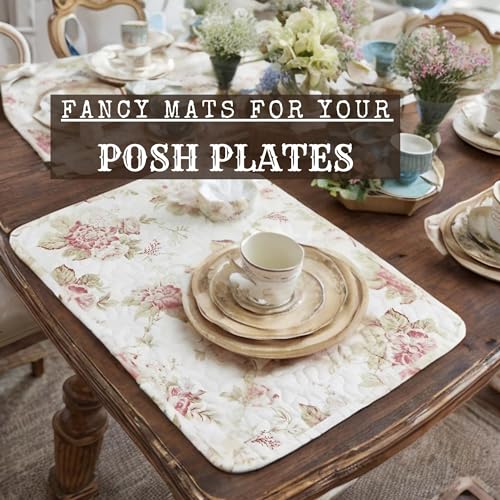 DaDa Bedding Cottage Roses Floral Dining Table Placemats - Set of 4-Pieces Quilted Cotton Dainty Flower Blossoms Garden - Decorative Grandmillenial Linen Kitchen Tea Time Ivory White Mats - 13” x 19”