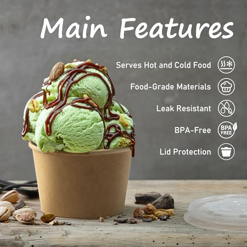 ESSENTIAL Paper Ice Cream Cups with Lids, 50 Pcs 8oz Paper Snack Bowls - size: 8oz-50 Pcs with Lids