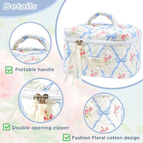 Sminra Large Travel Makeup Bag for Women, Quilted Cosmetic Case with Handle - color: Blue Bow Flowers-L