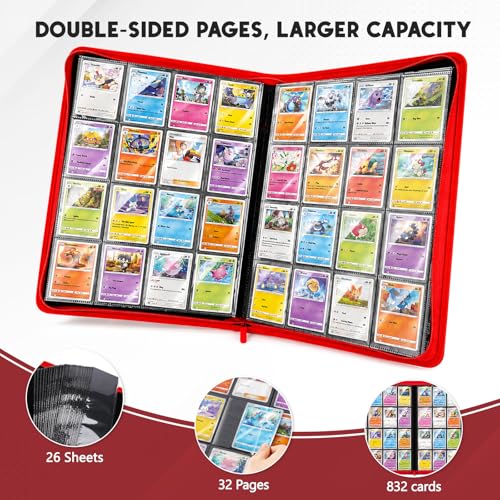 HHZ 16-Pocket Trading Card Binder, 832 Slots, Side Loading, Ringless -Red - color: Red