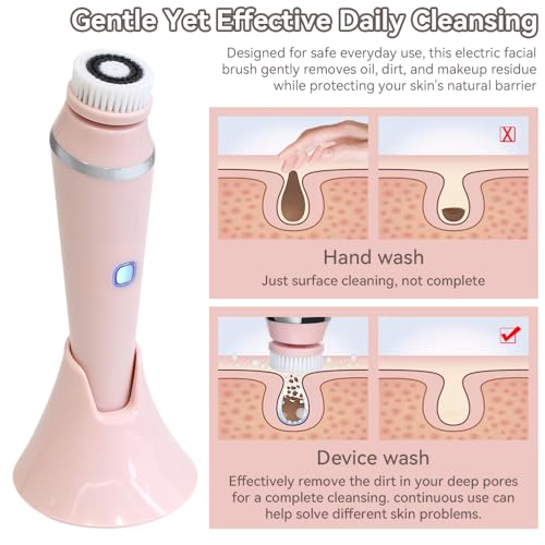 Facial Brush, 3 Speeds Adjustable Facial Cleansing Brush with Base, Waterproof & Rechargeable Face Scrubber Exfoliator with 4 Brush Heads for Women, Pink