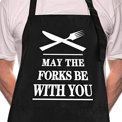 Rosoz Funny BBQ Black Chef Aprons for Men Adjustable Kitchen Cooking Aprons - color: May the Forks Be With You