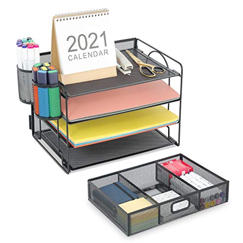 Marbrasse Desk Organizer, 4-Tier Paper File Letter Tray, Black - color: Black With Pen Holder