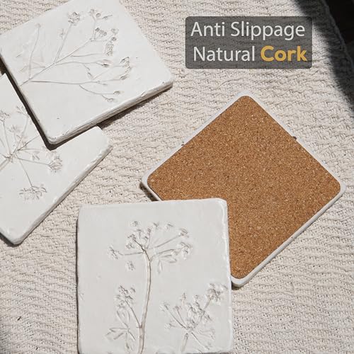 Ceramic Coasters Set of 4, White Vintage Engraved Flower Design