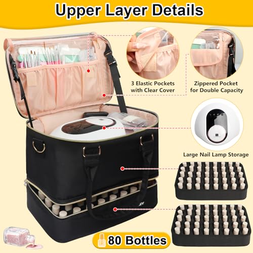 Covkev Nail Polish Organizer Hold 80 Bottles (15ml/0.5 fl.oz)& Nail Lamp, Double Layer Nail Bag Organizer Case with Handle, Large Nail Supplies& Kit Storage Case for Women Travel (Black& Golden) - color: Timeless Black - 80 Bottles