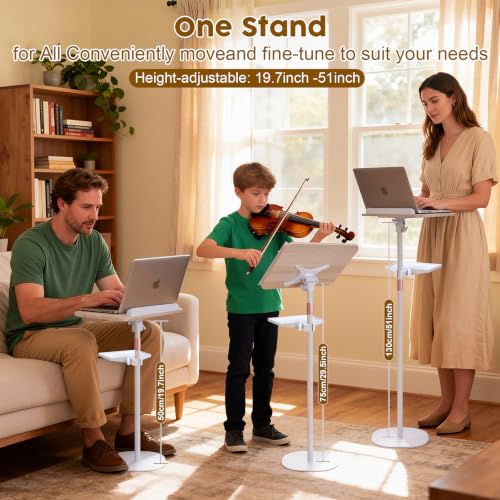 2 in 1 Dual-use Music Stand & Desktop Book Stand, Adjustable Height 16.5"-51", 100% Solid Wood Laptop Floor Stand Book Holder with Elastic Page Clips for Cookbooks (White with Tray) - color: White With Tray