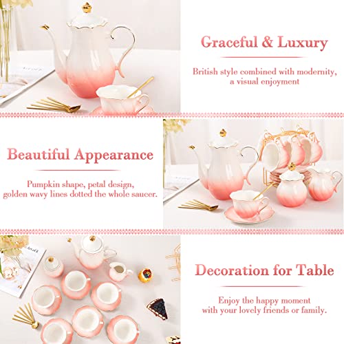 DUJUST 22 pcs Porcelain Tea Set for 6, Luxury British Style Tea/Coffee Cup Set with Golden Trim, Beautiful Tea Set for Women, Tea Party Set, Gift Package (With a Stand) - Gradient Pink - color: Gradient Pink