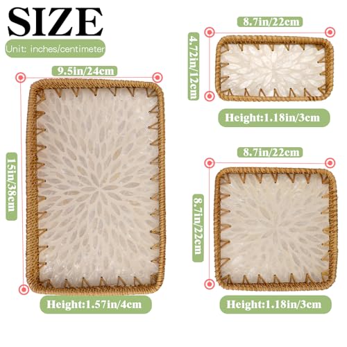 Rectangle Rattan Tray with Mother of Pearl Inlay, Handmade Wicker Fruit/Bread/Coffee Serving Basket for Party Picnic Table Kitchen Home Boho Decor 3 Sizes (White Flower) - color: White Flower