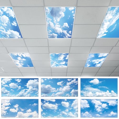 6 Pcs Fluorescent Light Covers with 60 Magnets Decorative for Classroom Ceiling Lights 4 x 2 Feet Magnetic Light Cover Filter Easy Install for Office Hospital Home Ceiling Supplies (Blue Sky Cloud) - color: Blue Sky Cloud