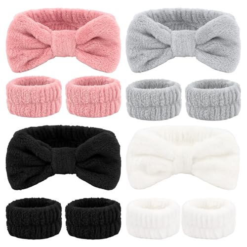 CIEHER 12 PCS Makeup Headband for Women Wrist Washband Scrunchies Cuffs for Washing Face, Soft Bow Hair Band Matching WriMakeup Headband for Women stbands (White, Pink, Grey, Black) - color: White, Pink, Grey, Black