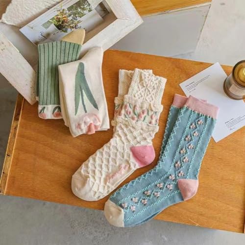 4 Pairs tulip Cute Socks, Women's Lace Ruffles Ankle Casual Sock, Cottagecore Breathable Mid Tube Socks, Floral Crew Socks