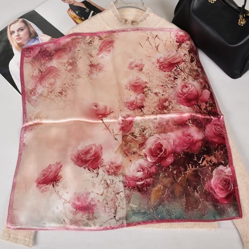 Women 100% Mulberry Silk Neck Scarf 21" Square Floral Neckerchief - color: Pink Roses
