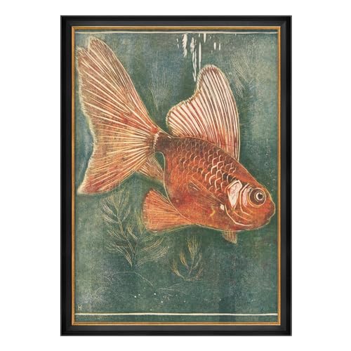 MUDECOR Premium Framed Wall Art Vintage Goldfish Illustration on Teal Background Illustrations Impressionism Scenic Colorful for Living Room, Bedroom, Office - 26"x36" Black - color: A07-2308-na36, size: 36"L x 26"W, style: Black Frame