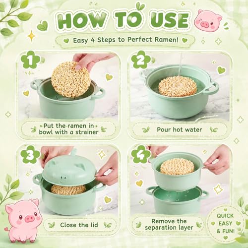 1 Set Large 45oz Cute Pig Ramen Bowl Set Microwavable, Nordic Green - color: Nordic Green