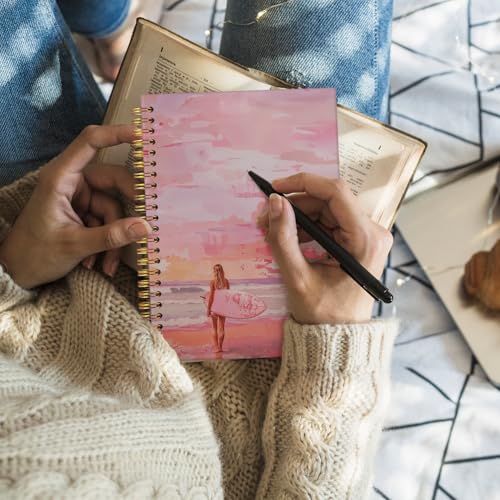 Wheatwin Pink Beachy Aesthetic Spiral Notebook Journal, Preppy Trendy Cute Notebook for Women, Preppy Notebooks for School 5.5x8.3 - color: Pink Surf