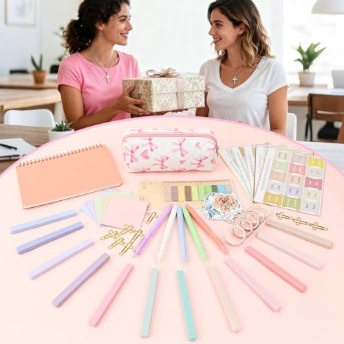 Bible Study Supplies Journaling Kit with Pen Cas, Tabs, Notebook and No Bleed Highlighter, Aesthetic Book Annotation Kit, Christian Gifts for Women Grils Friends (Pink Pow) - color: Pink Bow