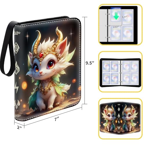 Card Binder 400 Pockets, 50 Sleeves Large Binder Trading Cards Holder 4 Pocket, Storage Organizer, Album Folder Case Protector Collector Gift Green Cartoon Cute Dragon - color: Green Cartoon Cute Dragon, size: 4 Pocket