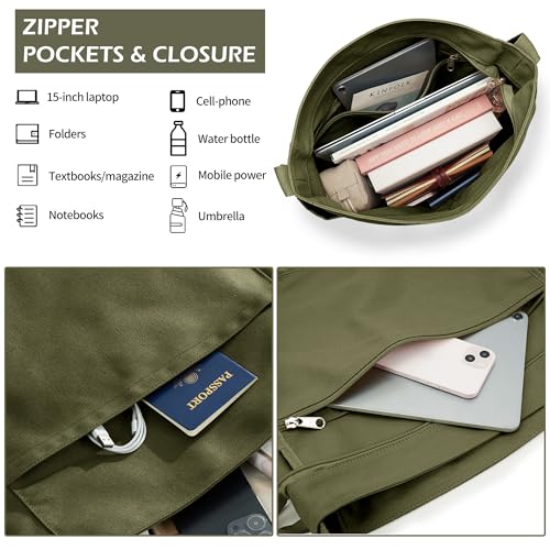 KALIDI Canvas Tote Bag Zipper Large Crossbody Shoulder Bag Messenger Bag - color: Army Green