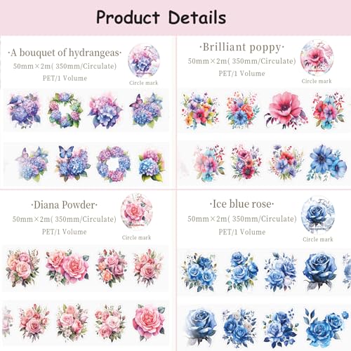 8Rolls Floral Washi Tape Set Flower PET Tapes Stickers for Crafts