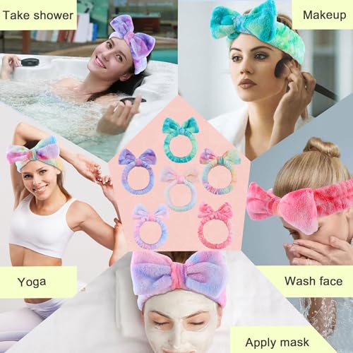 WSYUB Skincare Headband, 6pcs, Tie Dye Color, Soft Coral Fleece, Elastic, Washable, Reusable, For Women, Girls, Facial Makeup, Shower, Exercise, Party Gift - color: Gradient Purple,Pink, White,Green, Candy and Light Purple
