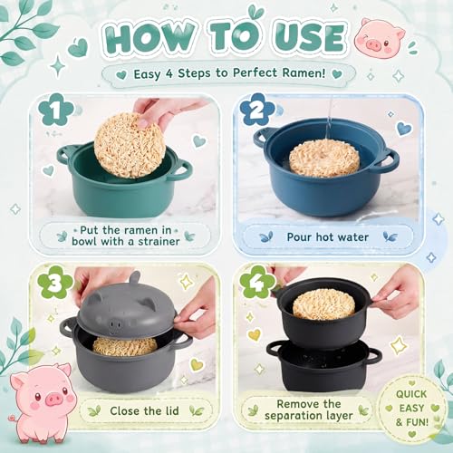 4 Sets 45oz Cute Pig Ramen Bowl Set Microwavable Cooker, Dark Colors - color: Dark Colors
