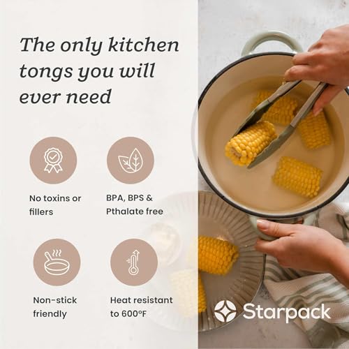 Starpack Get a Grip Silicone Kitchen Tongs (9 Inch) - LFGB Non Toxic, 600°F Heat Resistant, BPA-Free - Heavy-Duty Stainless Steel, Locking - Dishwasher Safe for Nonstick Cookware - color: Sage Green, size: 9" Single