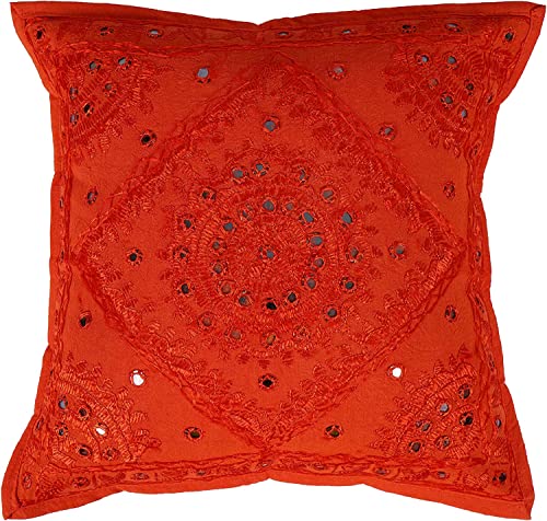 Cotton Living Room Throw Pillow Cover Ethnic Mirror Embellished Embroidered Pillowcases Decorative Square Cushion Covers (Color : Orange Size -18 X 18) - color: Orange, size: 18" x 18" (Pack of 1)