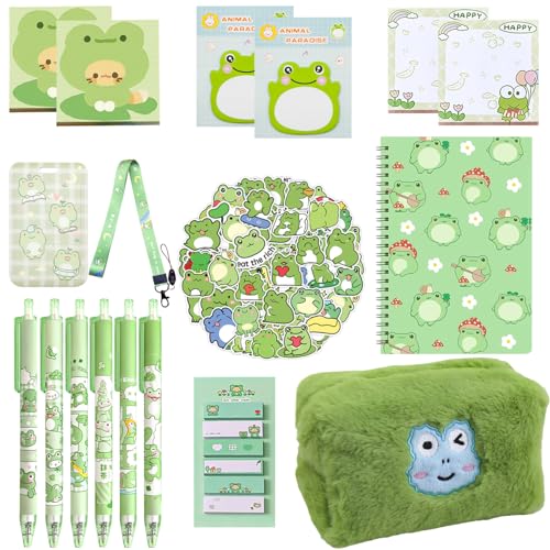 462Pcs Cute Frog Stationery Set, Kawaii Office Supplies Includes Fun Pencil Case Gel Ink Pens, Cartoon Sticky Notes Mini Notebooks Stickers Card Case As Bulk Party Gifts for Girls(Frog) - style: Frog