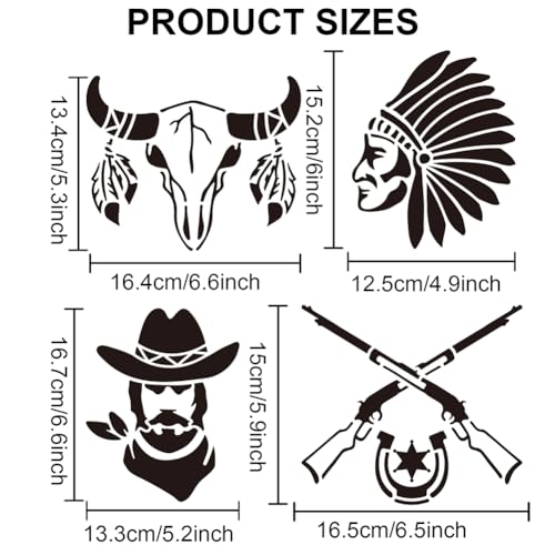 MAYJOYDIY 2pcs Western Cowboy Tribal Stencils 11.8×11.8inch Large Cowboy Boots Hat Cow Skull Stencils with Paint Brush Square Cowboy Theme Drawing Template for Wood Canvas Furniture Craft Decor - color: Western Cowboy Tribal