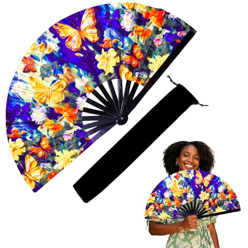 13 Inch Large Rave Fan & Clack Fans for Line Dancing - Folding Hand Fan with UV Glow for Boots on The Ground, Performance, Wedding, Party - Portable Handheld Fans for Women & Men - color: Oil painting of butterflies*1