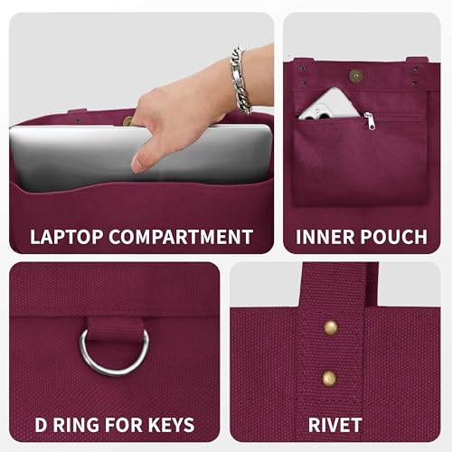 HOMESPON Large Canvas Tote Bag, Magnetic Work Laptop Pack for Women - color: Maroon