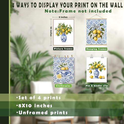 LUKIPOM Chinoiserie Lemon Wall Art Posters Set of 4, Grandmillennial Home Decor, Blue and White Floral Porcelain Lemon Tree Canvas Prints Artwork for Kitchen Wall Decor, 8x10 Unframed - color: Color 013