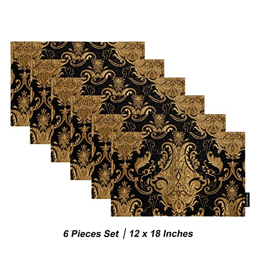 Loom and Mill Luxury Chenille Damask Placemats for Halloween,Set of 6,Black - color: Bronze Black_florence, size: 6 Pieces