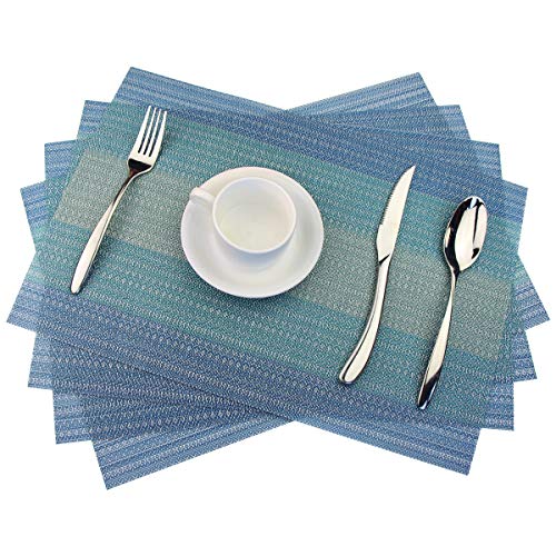 Placemats Washable Easy to Clean PVC Placemat for Kitchen Table Heat-resistand Woven Vinyl Hard Table Mats 12x18 inches Set of 4 (Blue) - color: 02: Coastal, size: 4 Placemats