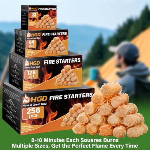 HGD Natural Fire Starters - Waterproof & Odorless Charcoal Starters for Fireplace, Campfire, BBQ, Grill, Fire Pit, Wood & Pellet Stove, Chimney, Pizza Oven & Smoker - Indoor & Outdoor Use - size: 32 pieces