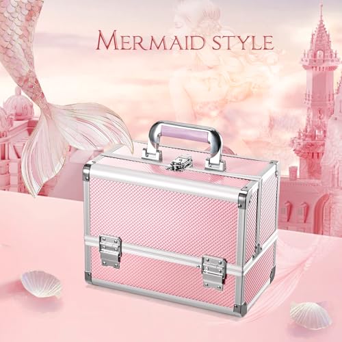 Joligrace 3-Tray Makeup Case with Mirror & Brush Holder, 11.6" Mermaid Pink - color: Pink Mermaid
