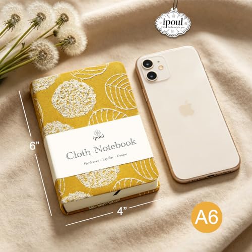 A6 Notebook, Pocket Journal, Embroidered Journal for Girl, Small Fabric Notebook, Lay Flat Hardcover Journal, 4x6 Lined Notebook & Sketchbook, Cute Diary, Writing Journal for Women, Yellow - color: A6-Leaf Yellow