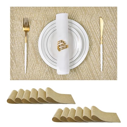 Leetaltree Gold Placemats Set of 12 - Heat Resistant Non-Slip Place mats for Dining Table, Washable Durable PVC Vinyl Woven Table Mats(Luxury Gold, 12) - color: D0- Gold Textured, size: Set of 12