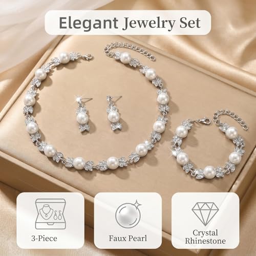 Pearl Bride Wedding Jewelry Set Faux Pearls Crystal Rhinestone Necklace Earrings Bracelet Sets for Women Bridesmaid(3 PCS) - color: Silver-Fake Pearl Style 1