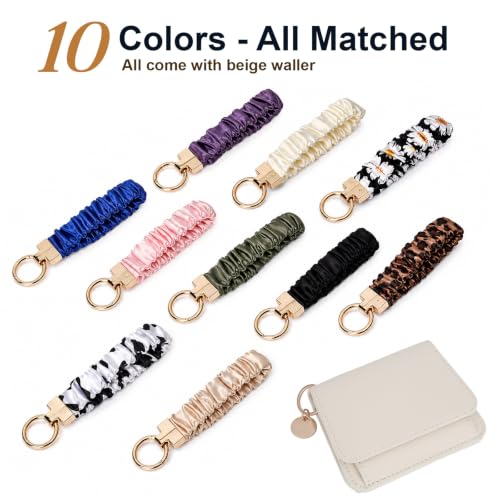 Scrunchie Wristlet Keychain Gift Set for Women with Small RFID Wallet Keychain, Stretchy Key chain with Phone Tether Tab - color: Pearl White
