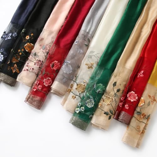 Jeelow Long Silk Blend Embroidered Floral Shawl Scarf Wrap for Women - color: Rose Beaded Pink