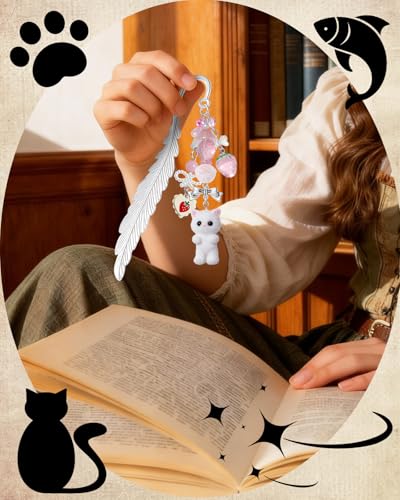 Buleens 2 Pack Bookmarks for Women Reading - Book Marks for Readers Book Lovers, Cute Cat Pink Grey Personalized Metal Bookmark with Pendants, Pretty and Aesthetic Book Accessories Reading Gifts - color: Sliver Cat