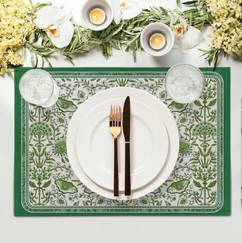 Green Floral Boho Placemats Set of 4, 12x18 Inch Vintage Chinoiserie Block Print Place Mats Seasonal Spring Summer Rustic Farmhouse Table Mats for Party Kitchen Dining Outdoor Indoor Decor - color: Boho Floral Green