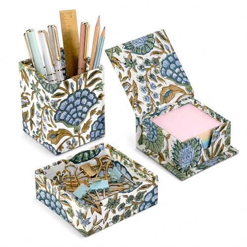 Ridhi Asparagus Green Block Print Office Desk Organizer Pen & Note Holder - color: Asparagus Green