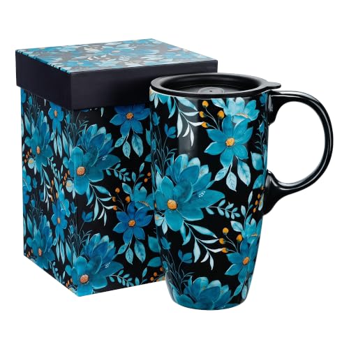 Topadorn 17oz Ceramic Travel Mug, Blue Floral Coffee Mug with Lid & Handle - color: Blue Flower
