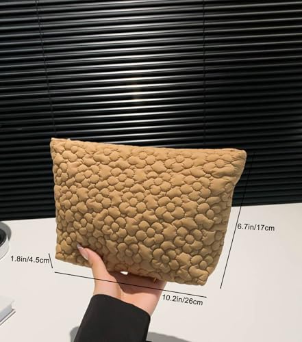 Puffy Quilted Makeup Bag, Cosmetic Bag, Travel Toiletry Organizer Pouch, Clutch for Wom (Khaki Flower) - color: Khaki Flower