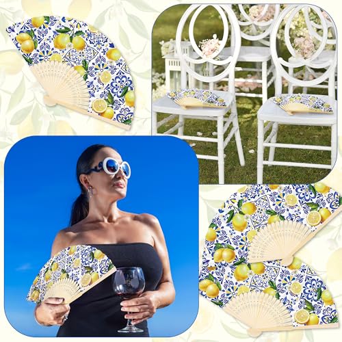 Aodaer 50 Pack Coastal Lemon Printed Folding Hand Fans with Organza Bags Bulk Wooden Storage Box Retro Mediterranean Paper Fans Capri Handheld Fan for Bridal Shower Wedding Bridesmaid Gifts - style: Coastal Lemon