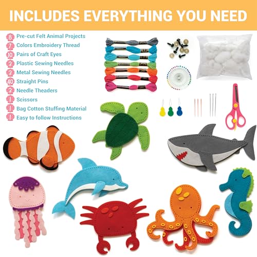 Craftorama Sewing Kit for Kids, Fun and Educational Sea Animal Craft Set for Boys and Girls Age 7-12, Sew Your Own Felt Animals Craft Kit for Beginners, 165 Piece Set - color: Sea Animals